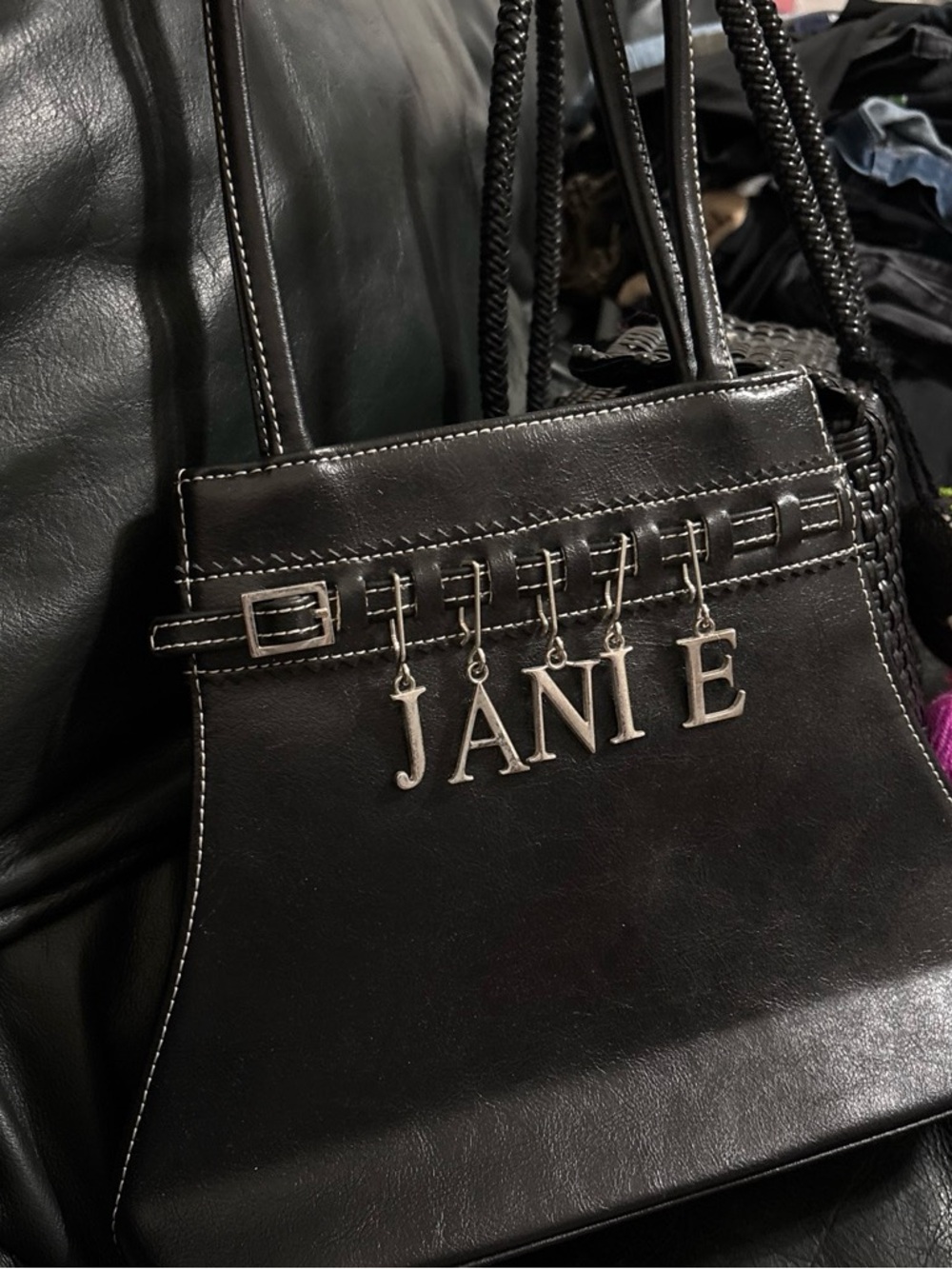 Black Leather Charm Tote with JANI E Letter Accents